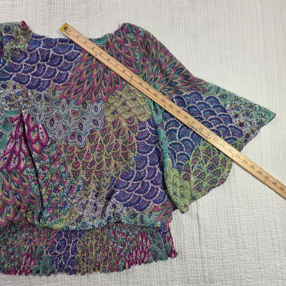 Chaus Womens Peacock Paisley Smocked Hem Flutter Sleeve Blouse Pink Purple XL - Picture 9 of 13